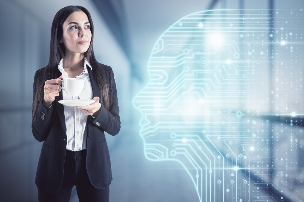 Businesswoman using AI in recruitment, standing next to a digital brain representation of artificial intelligence technology.